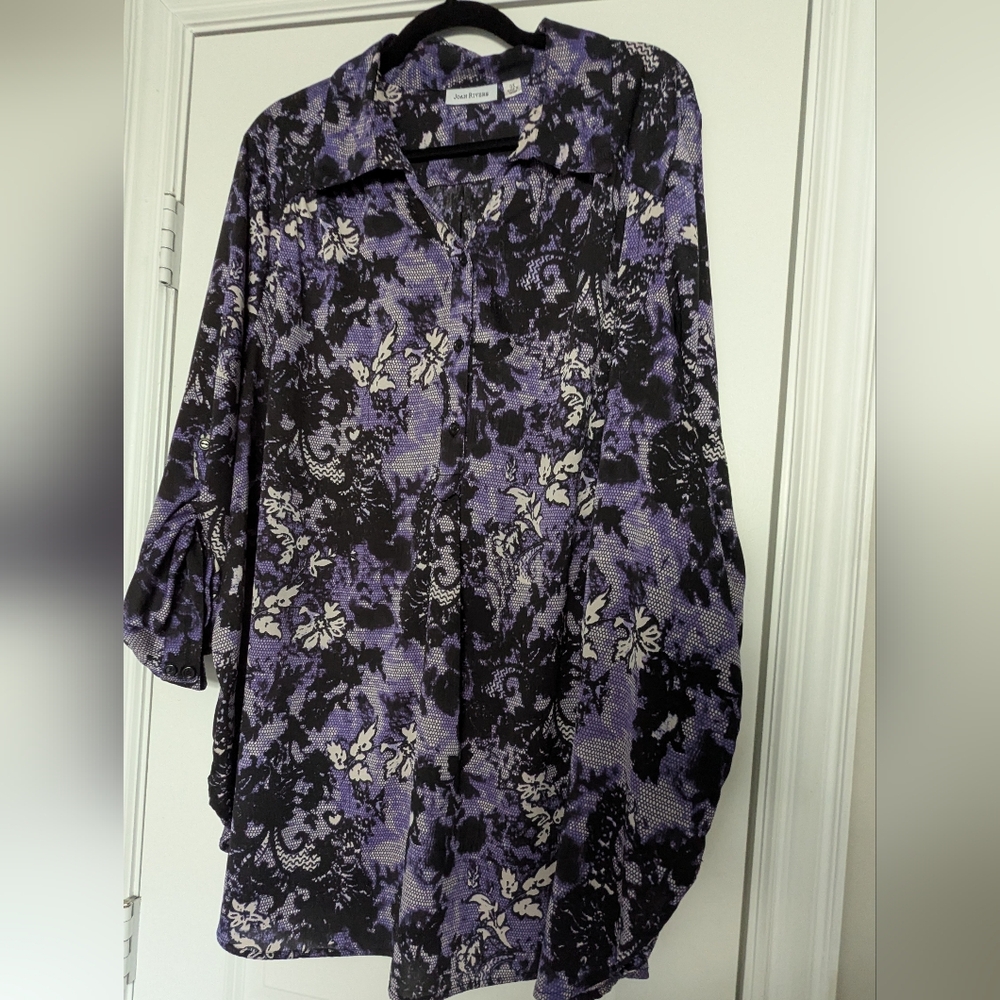 Joan Rivers Purple and Black Floral Blouse with Cream Accents